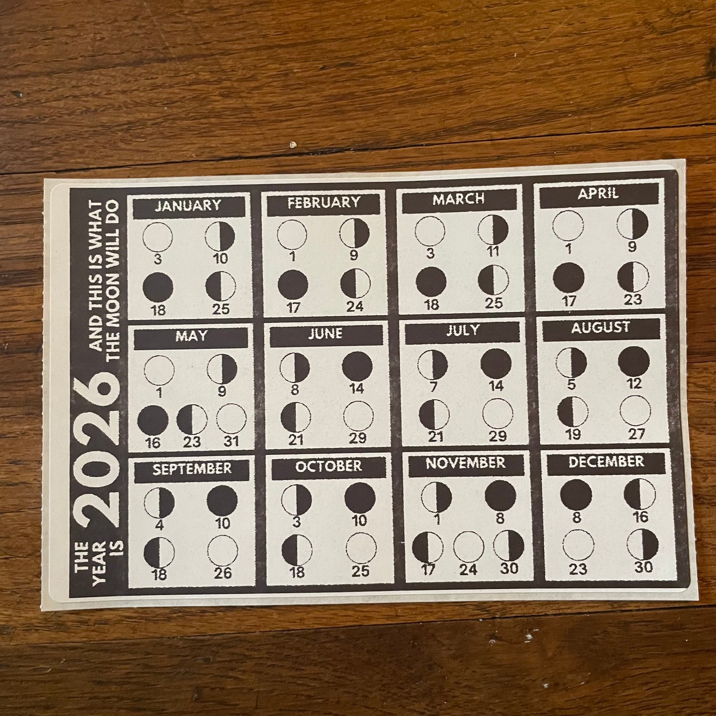 2026 Monthly Moon Calendar Sticker