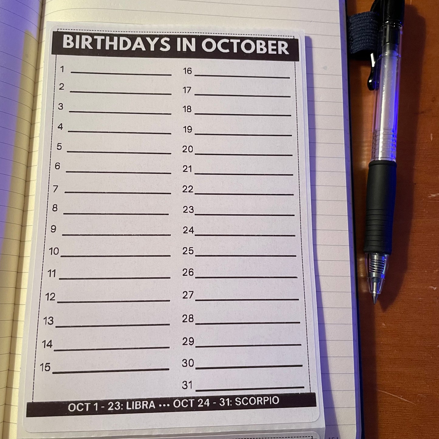 Monthly Birthday Calendar stickers w/ zodiac dates