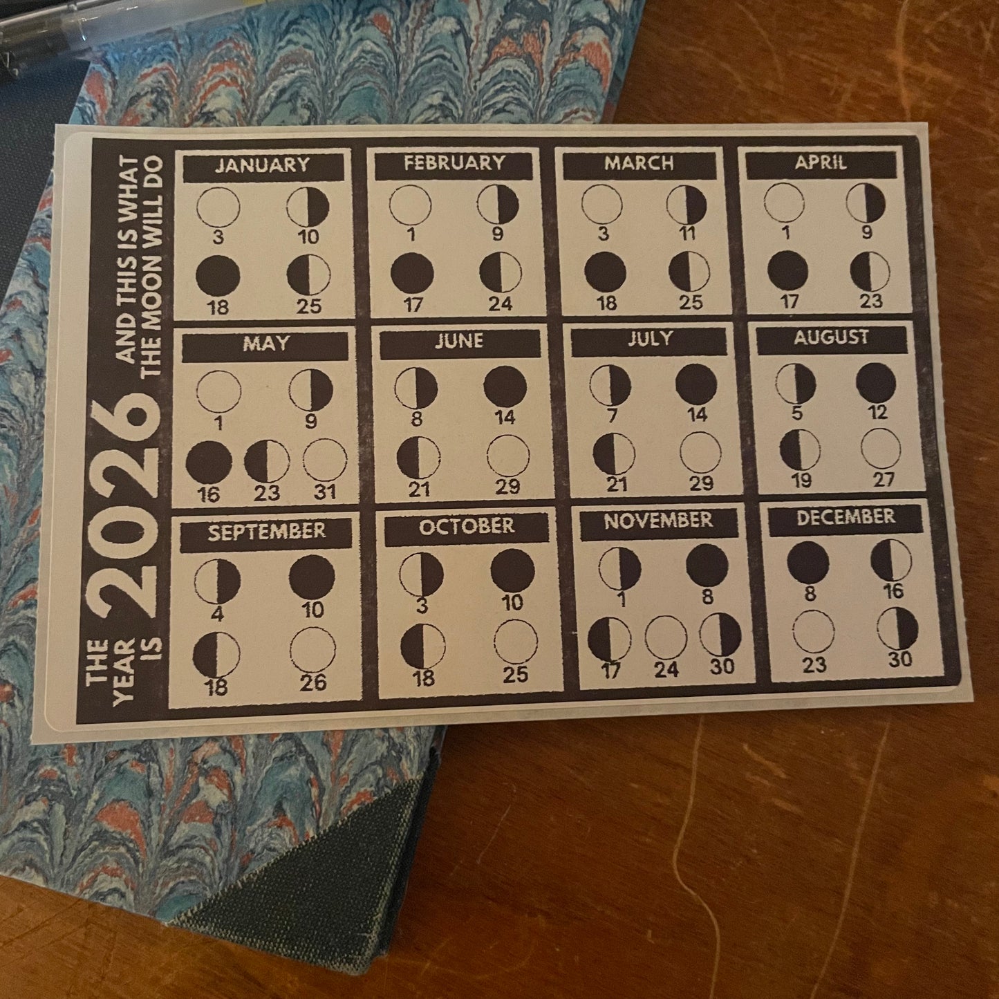 2026 Monthly Moon Calendar Sticker